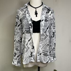 Vintage Y2K Sheer Newsprint Button Up Top Bra Layered Whimsigoth Fairy Grunge S